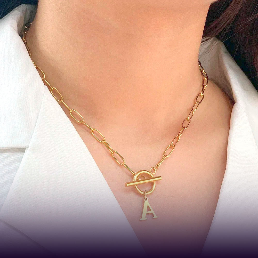 Veinci Paperclip Letter Initial Circle Lock Clasp Necklace